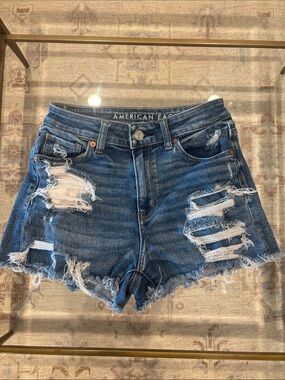 American Eagle Outfitters Distressed Dark Blue High-Rise Jean Shorts